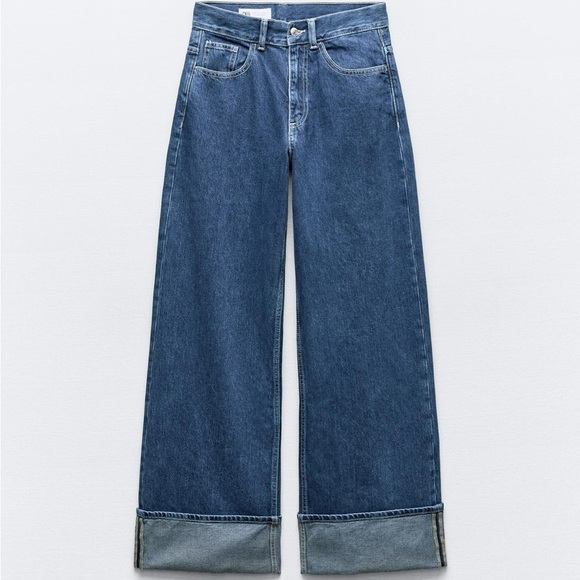 Zara Blue Flare Wide-Leg Jeans with Folded Cuffs - Picture 1 of 7